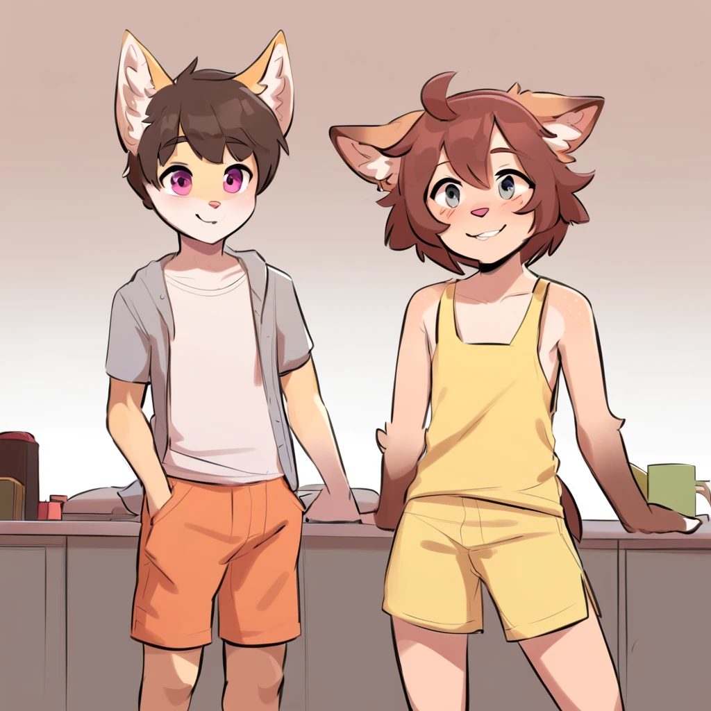 Please, generates an image of a character with light skin and dark brown hair, curly and slightly messy. His eyes are dark, naked, medium breasts, one of his ears, that are animal (dog or cat type) and coffee black. His facial expression is sleepy.