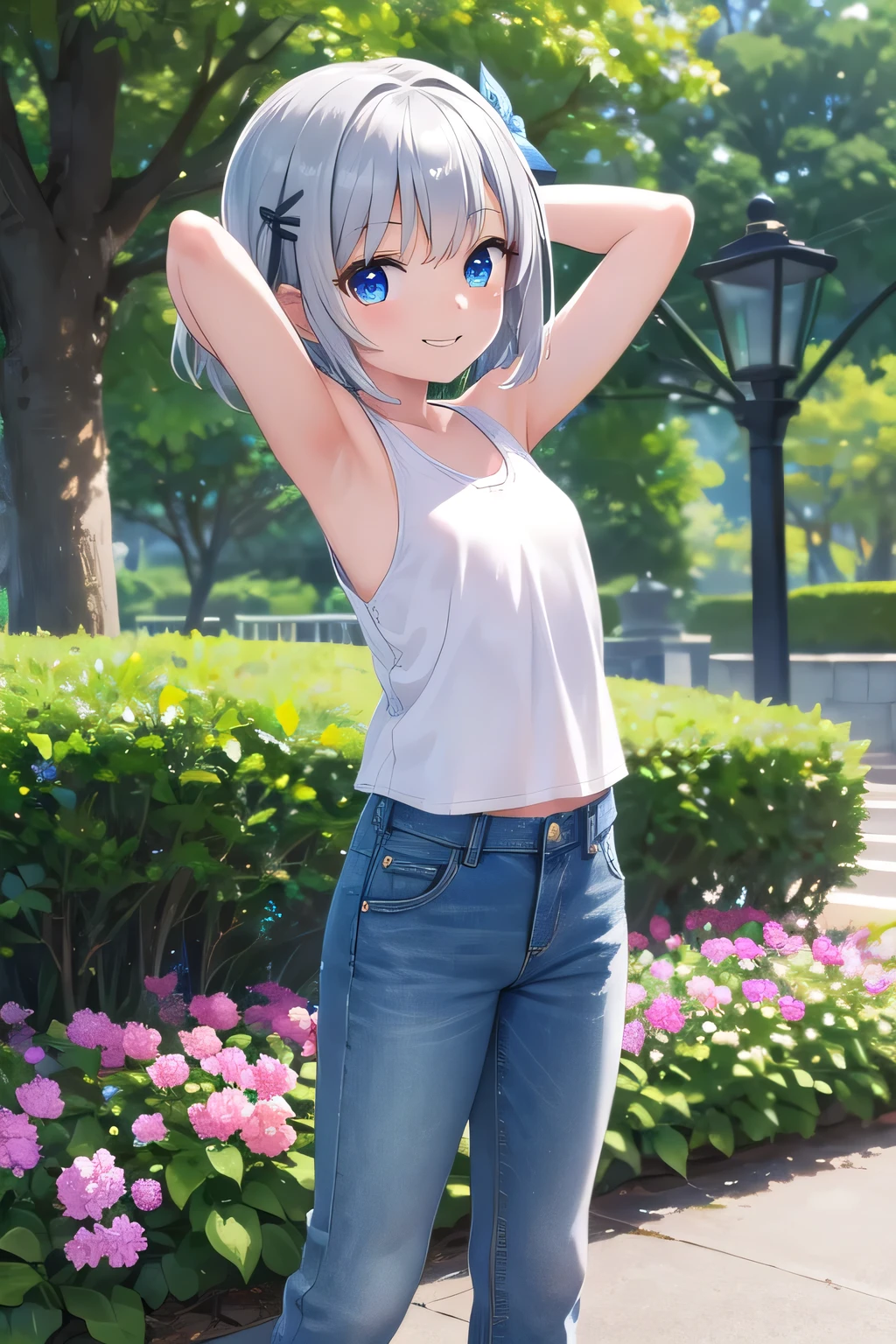 masterpiece,best quality,ultra detail,1girl, 14yo,petite,smile happy,flower garden,short hair, blue eyes, silver hair, hair ornament, ribbon hair ornament,Raise your arms and behind your head,White teeth, White tank tops, jeans,