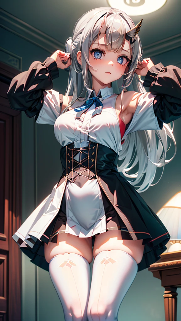 vtuber model, silver hair, grey hair, long hair, messy hair, straight hair, expressive hair, heart-shaped pupils, dilated pupils, embarrassed, blush, blue eyes, heart in eye, naughty, Conceptual art, modern, anime style, anime, reference sheet, multiple views, from behind, from below, from side, UHD, masterpiece, anatomically correct, super detail, textured skin, high details, high quality, best quality, highres, 8k, art concep, character design, teen