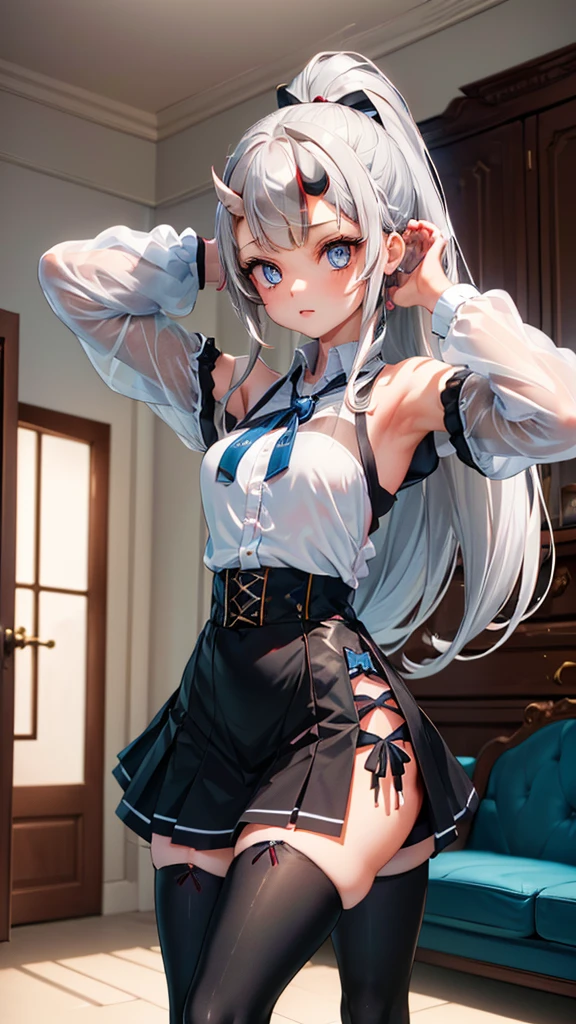 Masterpiece、Highest quality、Highest quality, (long and thin legs, shoes:1.2), Arm behind wrist, squat、Spread your legs、1 girl, (smile、Open your mouth大笑い:1.2), Cute eyes, (Detailed face:1.3)、Open your mouth, The whole face turns red, alone, Big and ample breasts, (Straight bangs, Twin tails), White maid outfit、Side bust、Underbust、belly button、Walking through the mansion&#39;corridor、nsfw