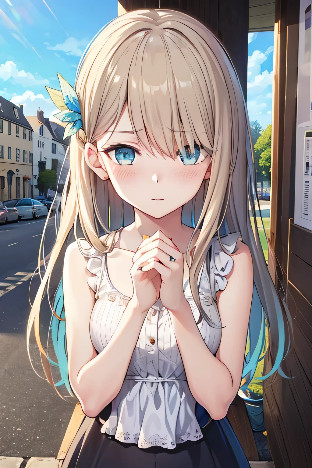 single anime girl, BREAK long hair, braid, side bangs, hair ornament, flower hair clip, thin lips, small, thin thighs, BREAK casual dress, gold ring, sleeveless dress, dark blue dress, BREAK looking at viewer, upper body, blush, slightly annoyed face, walking, dynamic pose, BREAK middle ages city background, BREAK (masterpiece:1.2), high resolution, unity 8k wallpaper, (beautiful detailed eyes:1.6), extremely detailed face, perfect lighting, extremely detailed CG, (perfect hands, perfect anatomy), (illustration:0.8), best quality