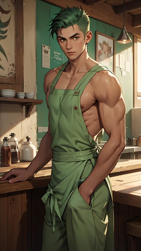 Splash art of an eighteen-year-old man, beautiful square face, mint green bezzcut style hair, slim athletic body, he is shirtless wearing a white apron, brown pants, he is in a wooden restaurant with cement walls. Pose sexy