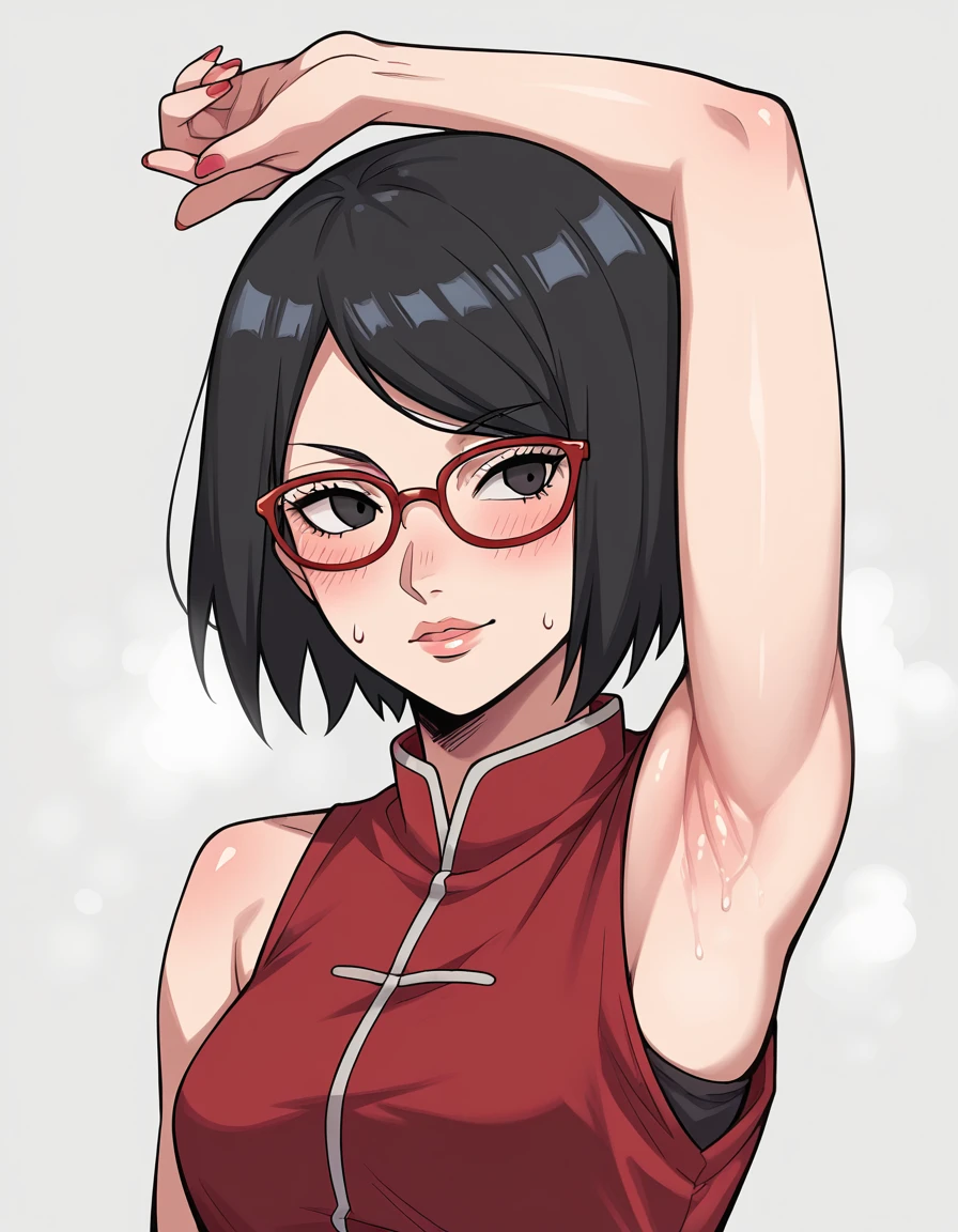 boruto,(sarada uchiha, short hair, black hair, black eyes, red-framed eyewear, glasses, swept bangs,(Armpit:1.3)，(steam，steamimg:1.1)，  red dress ,Kind Face, is embarrassing