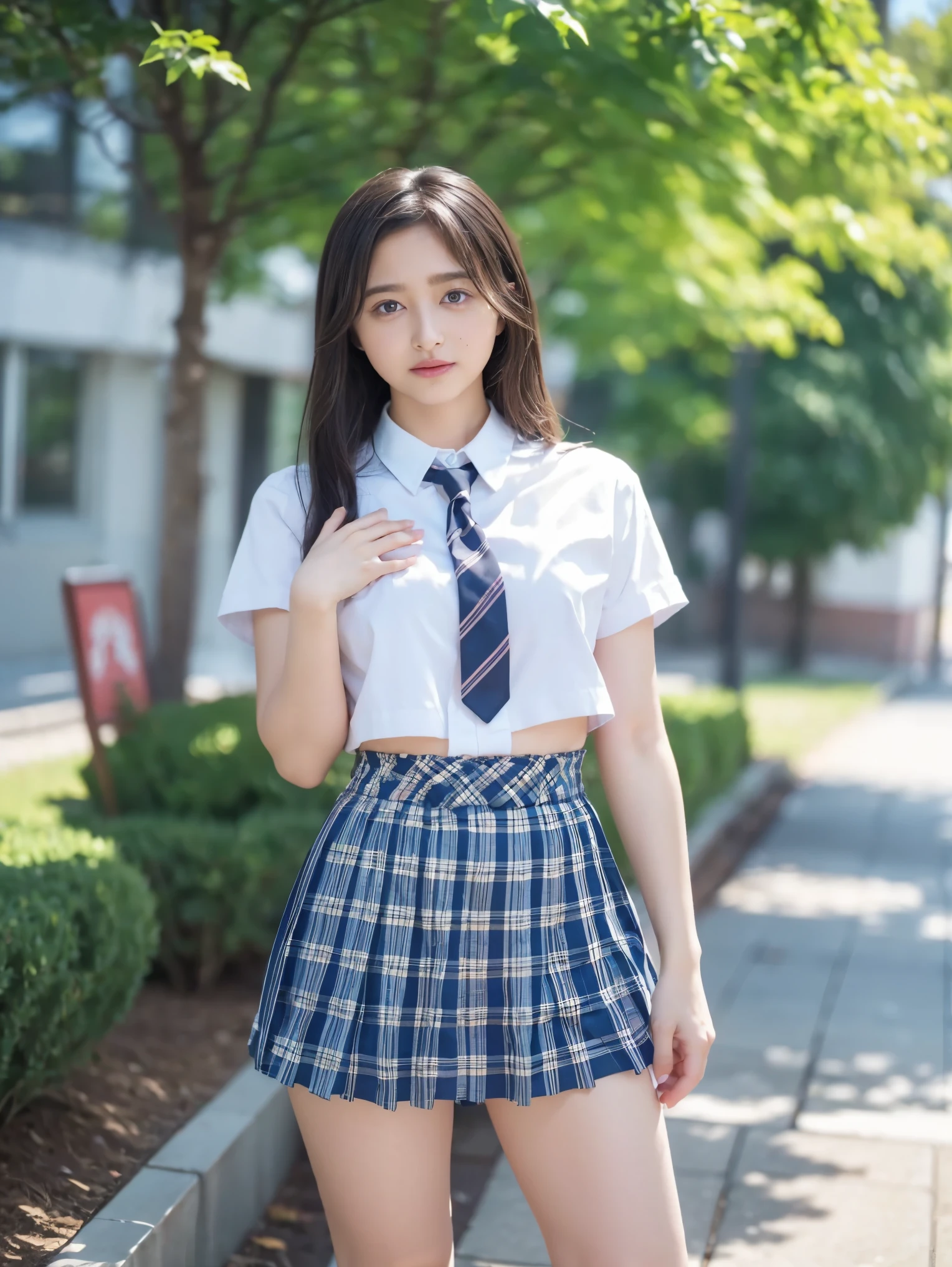 女の子1 person、(8k、 RAW Photos、Best Quality、 High Quality、 masterpiece:1.2)、( real、 real)、1 person、( dark brown hair with leg decorations for medium hair、Y shirt with white collar 、tie、Breast enlargement、 blue plaid mini short skirt、Glowing Skin、Thin legs、(Loose fitting socks、 wearing loose socks:1,2)、 sneakers 、View from the front、School grounds、( stand with your hands on your lower back, standing:1,2))、 cute、Show me your whole body、 surreal high school girl、 High School Girl , 