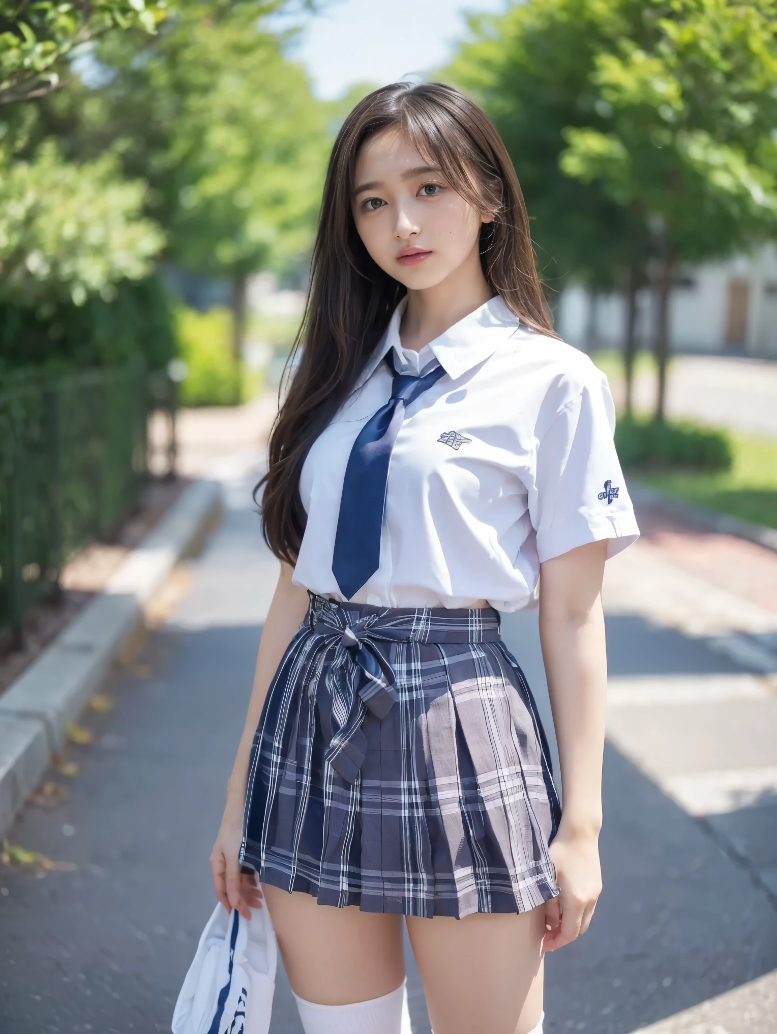 女の子1 person、(8k、 RAW Photos、Best Quality、 High Quality、 masterpiece:1.2)、( real、 real)、1 person、( dark brown hair with leg decorations for medium hair、Y shirt with white collar 、tie、Breast enlargement、 blue plaid mini short skirt、Glowing Skin、Thin legs、(Loose fitting socks、 wearing loose socks:1,2)、 sneakers 、View from the front、School grounds、( stand with your hands on your lower back, standing:1,2))、 cute、Show me your whole body、 surreal high school girl、 High School Girl , 