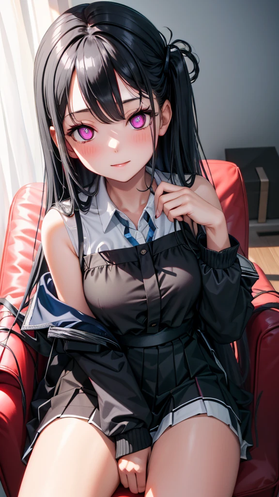 Sitting on a chair wearing a black dress,  Korean female fashion model, Transparent grey skirt, Mesh shirt, 【Chrome Clothing, Shiny silver, Fortunately, I look,  big breasts ,  is the best quality, masterpiece,  Ultra High Resolution ,  actual ,