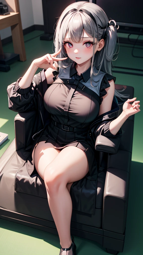 Sitting on a chair wearing a black dress,  Korean female fashion model, Transparent grey skirt, Mesh shirt, 【Chrome Clothing, Shiny silver, Fortunately, I look,  big breasts ,  is the best quality, masterpiece,  Ultra High Resolution ,  actual ,