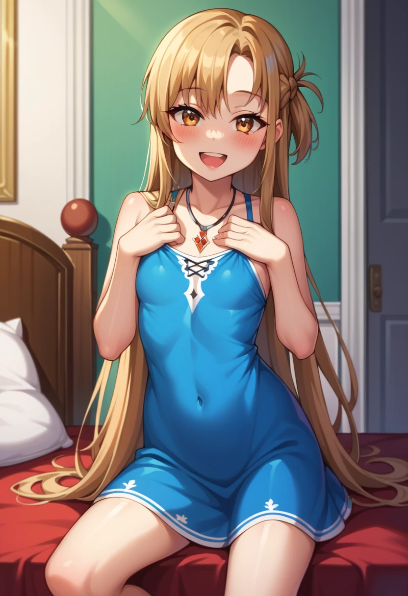 ((Best Quality)), ((masterpiece)), (be familiar with),  perfect face, indoor, bedroom,  watching viewers,
One woman,  Asuna Yuki,
 characters with open mouth ,  ecstatic expression, blush, smile,
Small breasts,  flat chest, Young girl, Lori,  kids,  girl,
Long Hair,  long hair,
Leg spread,