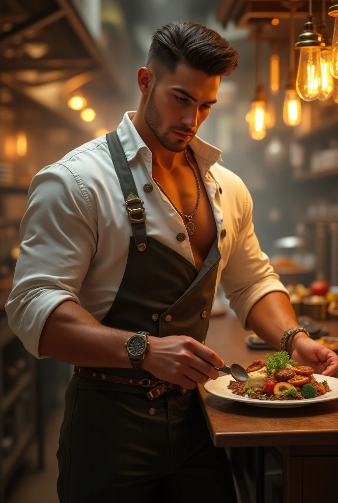(8K, RAW photo, Highest quality) masterpiece, 1 boy, Look back at viewer, standing forward, smiling, wearing small apron Loincloth, showing his huge muscular breasts, puffy nipples, narrow waist, he is holding a plate with a huge slice of pizza. The pizza is big-sized, Huge pizza on the table .Handsomee, Topless, Thick body hair, wearing nothing completely naked, in a Italian restaurant background , cinematic lighting, UHD