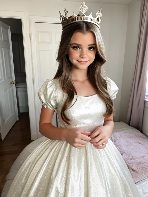 Brooke monk wearing a puffy dress in her bedroom, is wearing tiny crown, young adult woman