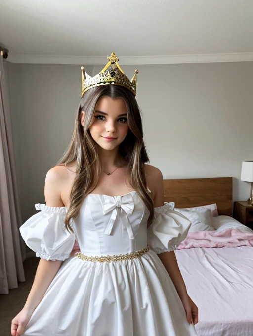 Brooke monk wearing a puffy dress in her bedroom, is wearing tiny crown, young adult woman