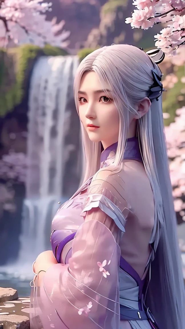 1girl, Solo, Long Hair, Brown eyes, White Hair, High Resolution, Behind Waterfall , Behind Pink Sakura Tree, 8K Octane,Blush, 