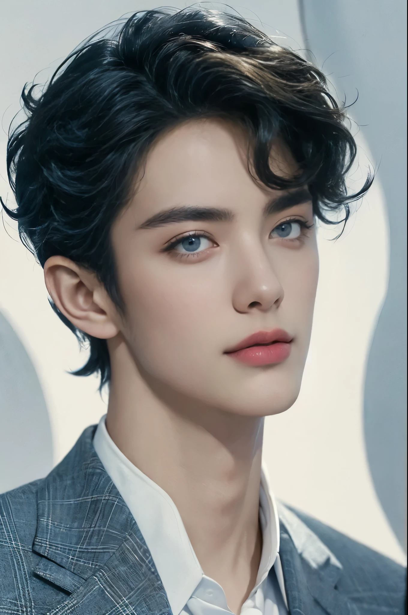 (((best quality))),(((ultra detailed))),(((masterpiece))),illustration, 1boy, handsome, sophisticated elegance, deep blue suit, perfectly tailored, thin tie, light blue shirt, crisp collar, natural short curly hair, striking eyes, sharp nose, full lips, elegant posture, simple white background, refined gentlemen, soft light highlighting,(minimalist aesthetic)