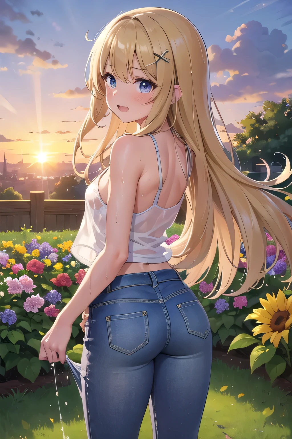 masterpiece,best quality,ultra detail,1girl, 14yo,petite,Laugh happily,background((flowers, garden, beautiful sunset)),sunshine,cloud, beautiful yellow long hair, hair ornament, x hair ornament, White teeth, White tank Tops, half undressed, jeans pants, (flares jeans 1:1), blue jeans, standing sexual pose, orgasm, Drenched in sweat, wet cloths, wetting self, (wet clothes:1.8), Wearing sweat, Sweaty, ((showing off butt))