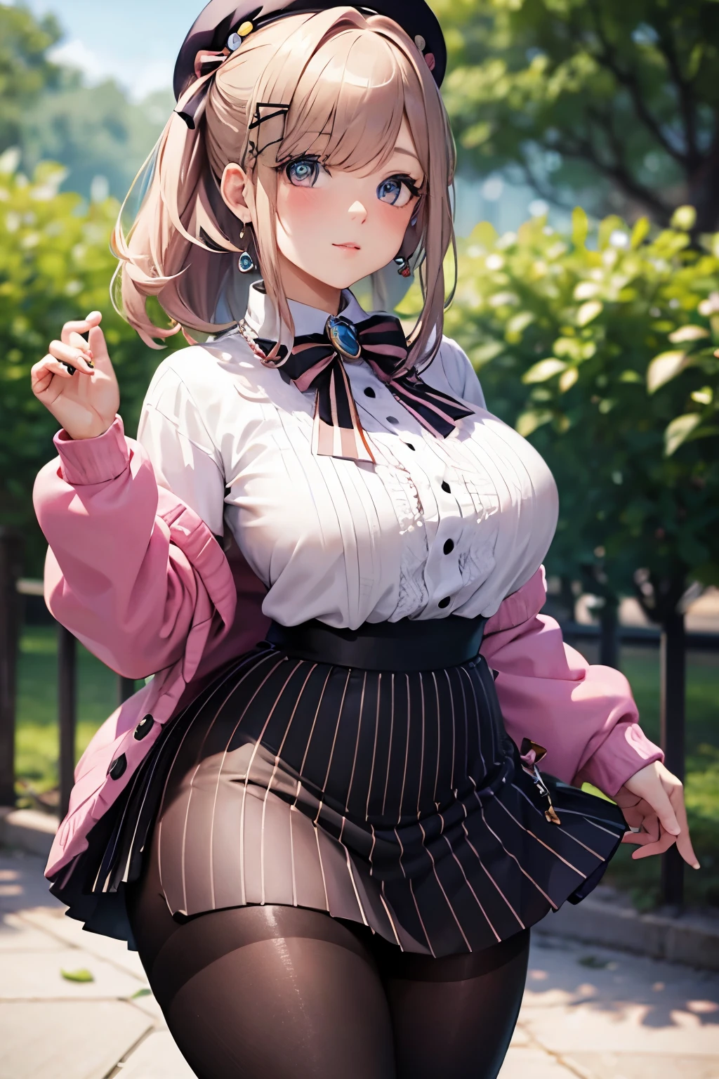 ((plump breasts)), ((1 girl)), side view, (jambes grasses), ((perfect hands)), earrings, ((outdoor country)), (finely detailed eyes and detailed face:1.3), (extremely fine and beautiful:1.1), (Perfect details:1.1), Lulu Suzuhara, Hololive, ((no cleavage)), beret, pink bow, large breasts, pink cardigan, white shirt, ponytail, hair ribbon, x hair ornament, jewelry, bowtie, brooch, white shirt, long sleeves, vertical-striped skirt, ((glossy striped pantyhose))