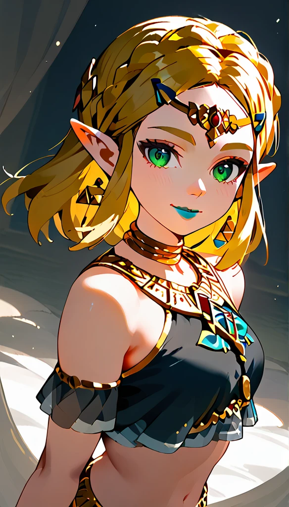 score_9, score_8_up, score_7_up, score_6_up, geewhy_style, princess Zelda,
1girl, solo, looking at viewer, jewelry, gold, tied hair, green eyes, blonde hair, pointy ears, light-skinned female, makeup, lipstick,  neck ring, blue lips, breasts, bare shoulders,  crop top
cowboy shot, dutch angle, light smile, 
