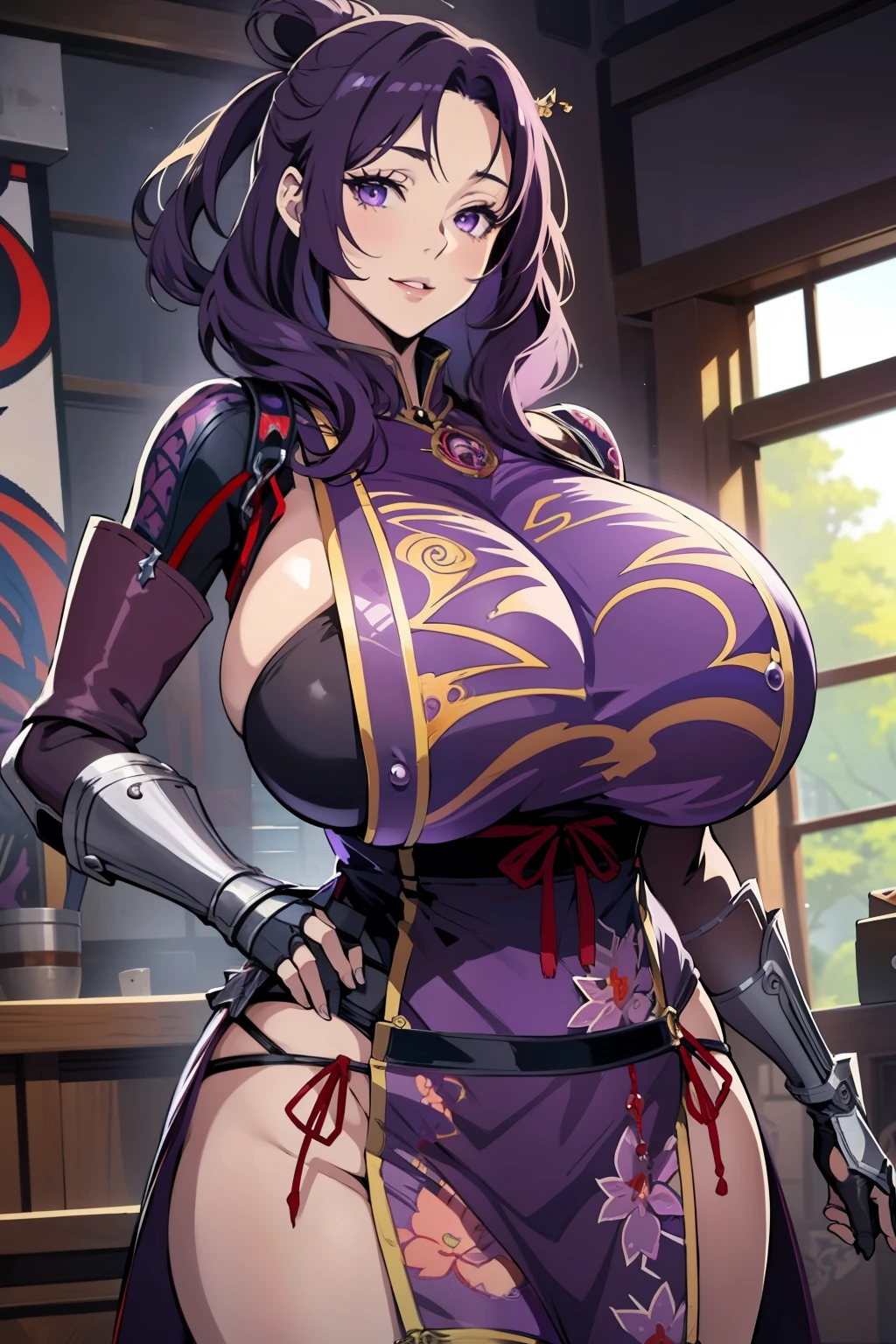 An anime-style artwork depicting rixia mao
Tags: best quality, (masterpiece:1.2), illustration, absurdres, (1girl), (solo), (beautiful detailed girl), (upper body, portrait), Rixia Mao, (dark purple hair:1.3), medium hair, purple eyes, huge breasts, purple china dress, armored boots, thighhigh boots, thigh boots, armored gauntlet, pelvic_curtain, , anime, detailed eyes, detailed lips, , , smiling expression, intense gaze, dynamic pose, indoor, palace, vibrant colors, digital art, high-resolution, professional quality, gigantic breasts, cleavage,  curvy, cowboy shot, (gigantic breasts: 1.4),