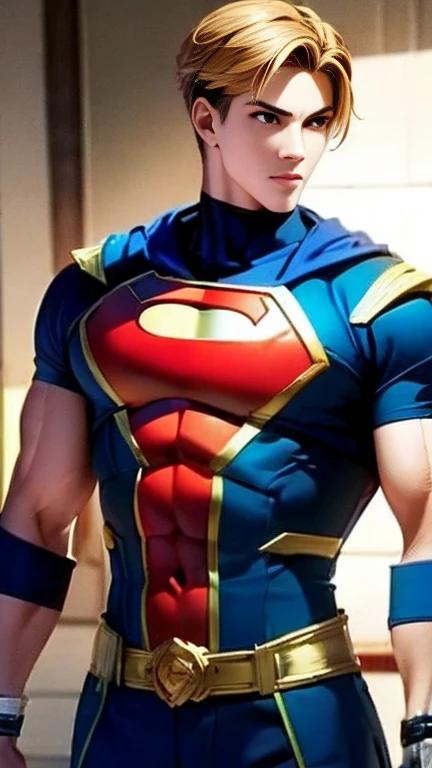 ( High-definition CG), (Best Quality),    a superhero with a beautiful body,  hero costume , Handsome and cool young man  ,     Slim and Muscular    , My skin is brown ,  Blonde, Frivolous