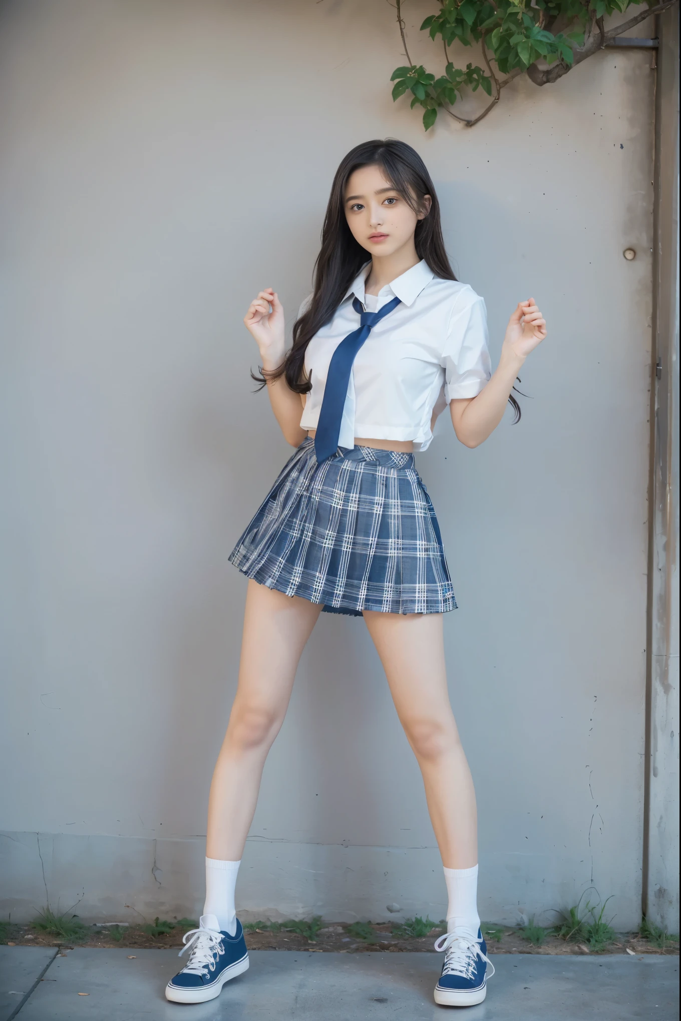 女の子1 person、(8k、 RAW Photos、Best Quality、 High Quality、 masterpiece:1.2)、( real、 real)、1 person、( medium hair、White shirt、Navy blue tie、Breast enlargement、 blue plaid mini short skirt、Thin legs、( loose socks、 sneakers with my hands and feet spread out:1,1、 Standing Facing Front 、 looking at camera covered with cam 、School grounds、( stand with your hands on your lower back, standing:1,2))、 cute、Show me your whole body、 High School Girl , 