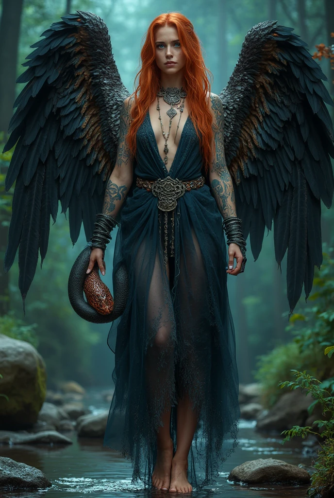 front view. FULL BODY PORTRAIT . CINEMATIC LIGHTING,Extremely Realistic,more detail XL. Beautiful French woman with perfect body, TANNED skin, GREEN EYES looking at the camera .BARE FEET . STAND ON BIG ROCKS IN TN THE MIDLE SMALL RUNNING WATHER OF THE FOREST, WET RED LONG hair.CELTIC TATTOS IN ARMAS OPEN NED big ANGEL wings DETAILED , BLACK AND METALIC COPPER FEATHERS, SHE IS COVERED BY AN OLD AND ROTATED WET TRANSPARENT DARK BLUE TUNIC WITH HOOD COVERS HER HEAD.CELTIC JeWELERY, HOLDING IN ONE HAND HOLDING THE HEAD OF BIG COPPER COLOR snake , detailed head coiled around HER NECK, THE BACKGROUND IS A SURREAL BLACK AND BLUE FOREST,