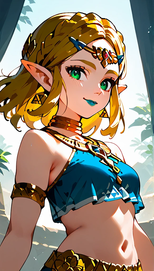 score_9, score_8_up, score_7_up, score_6_up, geewhy_style, princess Zelda,
1girl, solo, looking at viewer, jewelry, gold, tied hair, green eyes, blonde hair, pointy ears, light-skinned female, makeup, lipstick,  neck ring, blue lips, breasts, bare shoulders,  crop top
cowboy shot, dutch angle, light smile, 
