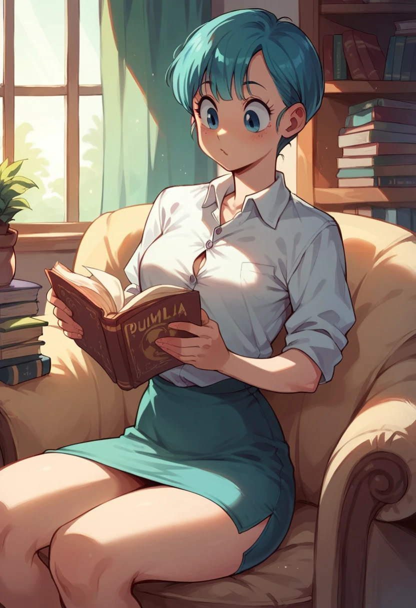 Bulma in a very luxurious living room, reading a book, wearing a button shirt, and pencil skirt