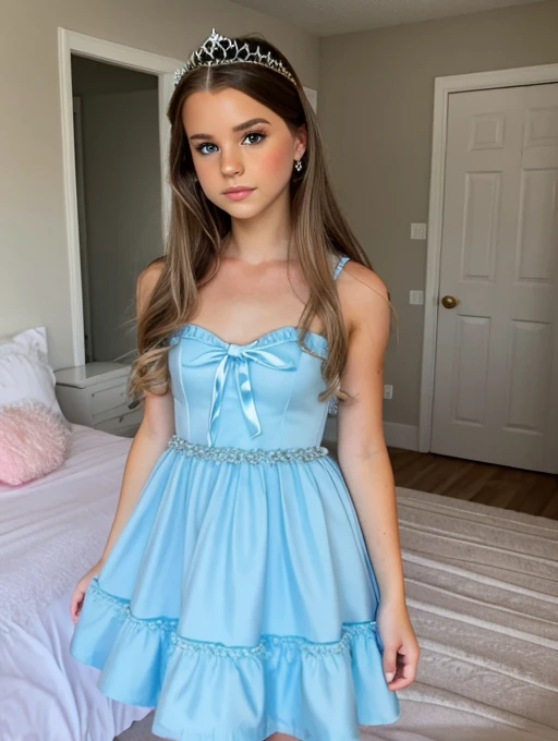 Brooke monk wearing a puffy sky blue dress in her bedroom, is wearing tiny tiara, young adult woman