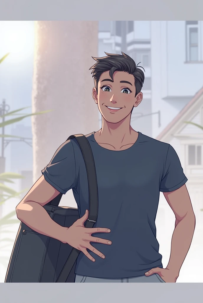 Finn, solo, smile, open mouth, 1boy, male, focus, sky, day, cloud, hood, bag, blue sky, hoodie, backpack, muscular, shirtless, panttless, small erected penis, medium body, cowboy_position,