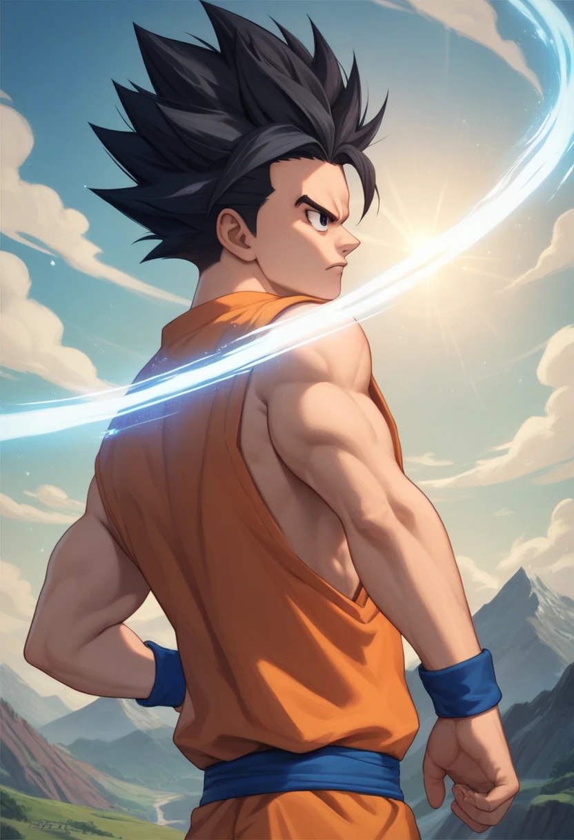 (score_9,score_8_up,score_7_up), source_anime,best quality,masterpiece,anime, wearing her orange outfit, with blue underneath, with a blue wristband on each wrist, spiky black hair and black eyes, with a distinctive lock falling over her forehead and a blue ribbon wrapping around her waist, mountain landscape, launching a blue energy beam from both hands, slightly thin