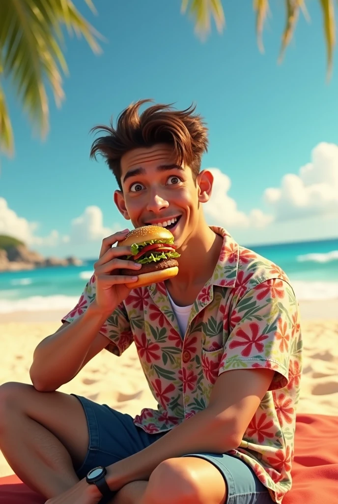 16 year old teenage boy eating a sandwich on the beach, Badehose , Italiener, thin , Bauchmuskeln