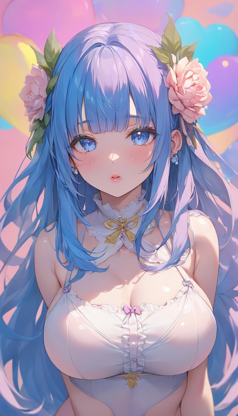 (masterpiece, Highest quality, Highest quality,watercolor (Moderate),Official Art, beautifully、beautiful:1.2),(One Girl:1.3), (Fractal Art:1.3),Upper Body, View your audience,pattern,(Rainbow Hair,colorful hair,Half blue、Half pink hair:1.2),water,liquid, cloud,colorful, Starry Sky,performer,Large Breasts