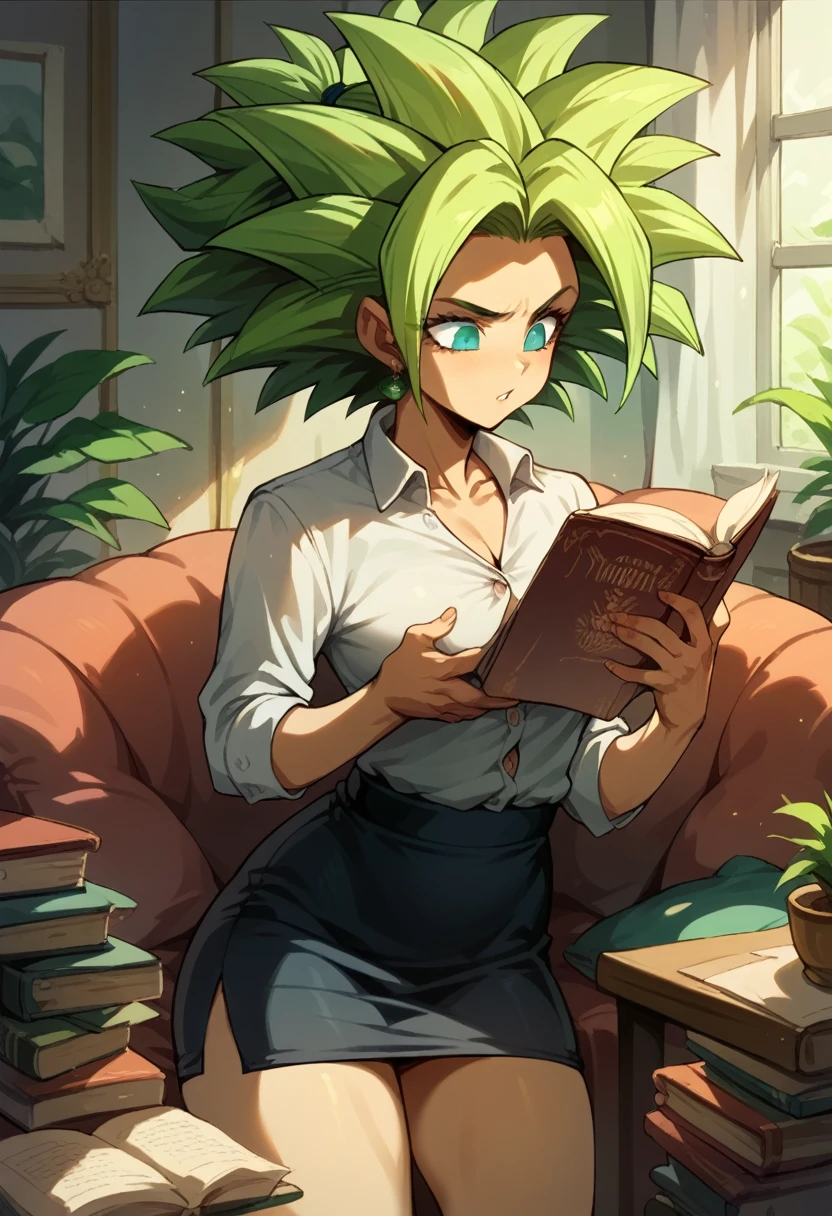 Kefla in a very luxurious living room, reading a book, wearing a button shirt, and pencil skirt
