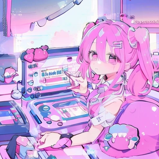 Kawaii girl playing video games ,, pink-tinted lenses, pink pigtails.