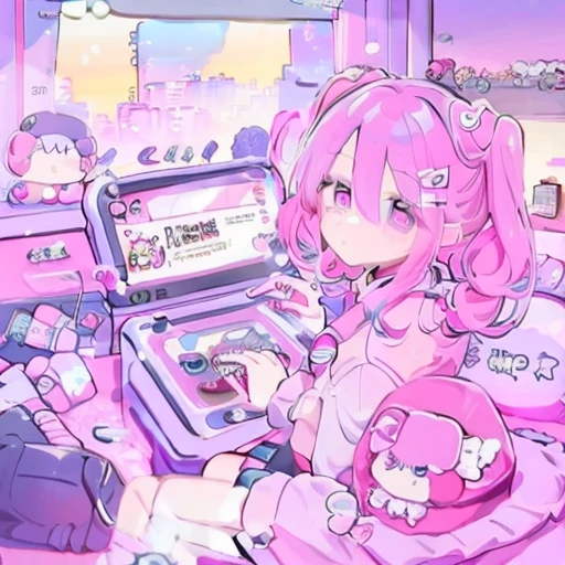 Kawaii girl playing video games ,, pink-tinted lenses, pink pigtails.