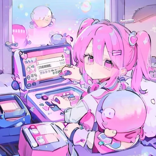 Kawaii girl playing video games ,, pink-tinted lenses, pink pigtails.