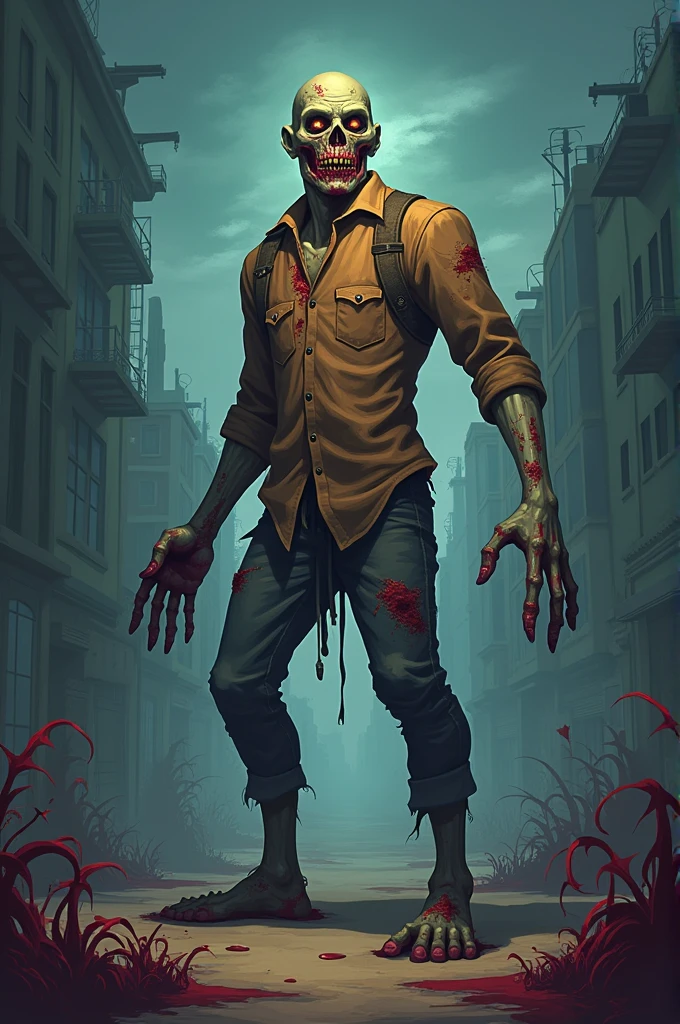 A zombie with (rotten flesh and blood stains:1.4) wearing a (torn shirt:1.2), ripped jeans, no shoes, and no accessories, (chasing a human:1.4), looking (scary and hungry:1.2)  ,