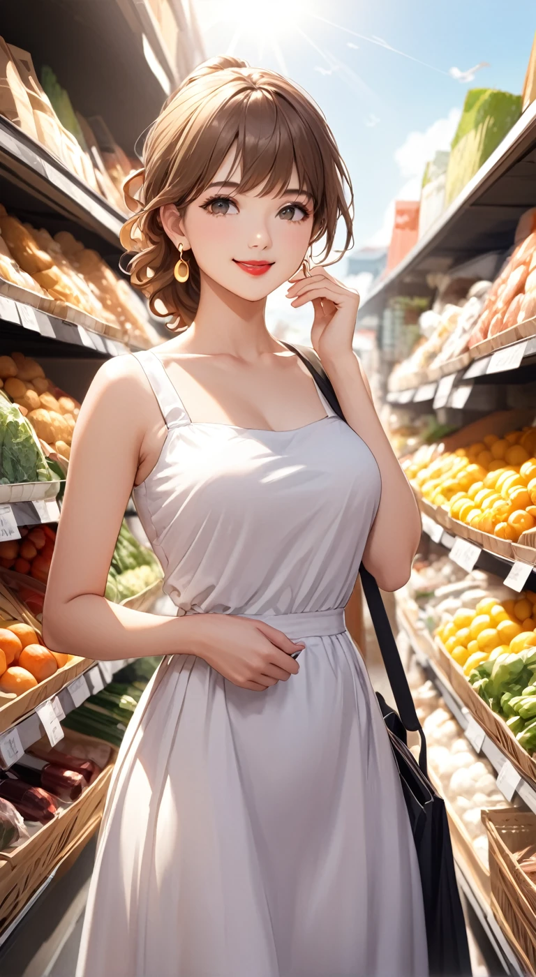 Female 26 years old ，housewife ，Sunlight，Smile， Lipstick ， Light Brown Curly Short Hair ， on your left hand， Slightly voluminous ，firm breasts， Market shopping ，Wear a ponytail on your right hand ，Half moon earrings 