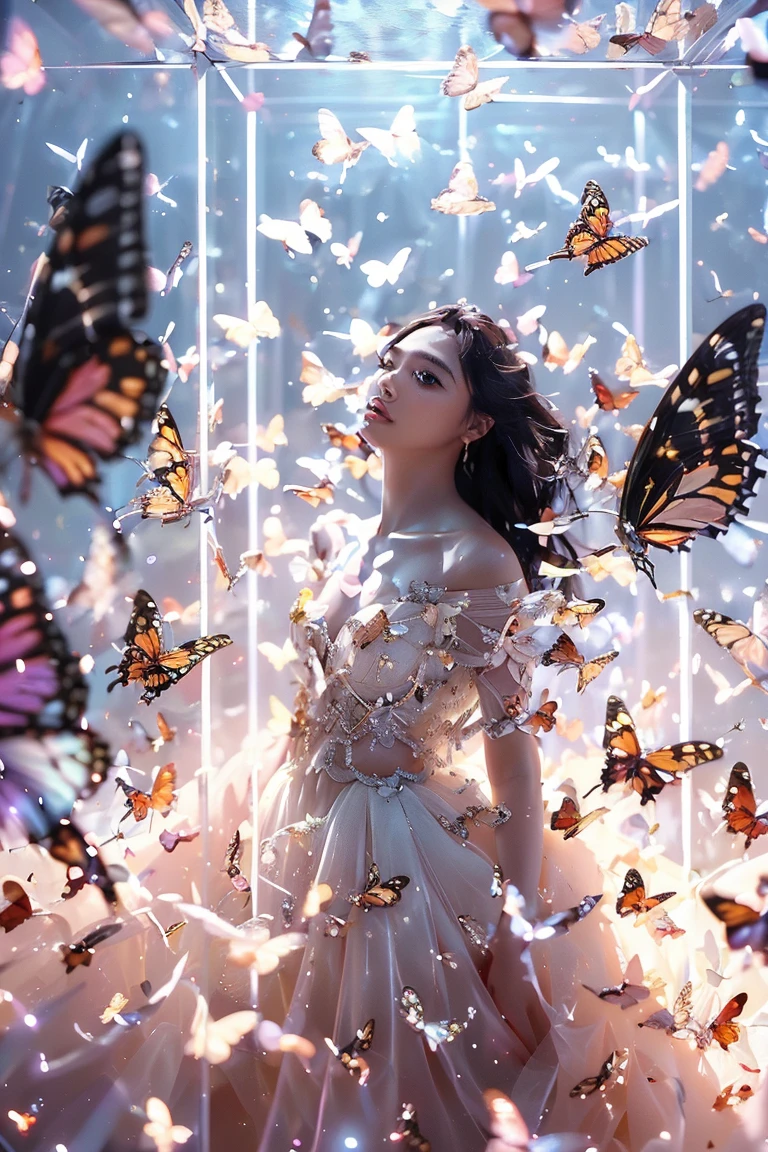 (gold trim wings, white wing tops) butterflies, thousands of small butterflies sitting on blond woman's nude body (butterflies cannot exceed eyeball size), two women are sitting in shot, compose a picture of a (delicate blond, white woman (covered in white butterflies), the white woman is made of butterflies and a black woman blowing a gust of air on white woman's front, black woman is blowing off butterflies out of the white woman's face neck and chest, black woman's cheeks are slightly inflated (a gust of visible air is passing black woman's lips), white woman's nipples are hard ):1.5, (butterflies flock in flight in groups). butterflies land on black woman and butterflies camouflage themselves as black butterflies when wings are closed. (both girls are nude under butterflies):1.4 as butterflies leave expose mode nudity, show each of butterfly's path as a blurry black and white bokeh flutter in form of a ribbon as long time-lapse exposure, each butterfly is white when wings are open AND each butterfly is black when wings are closed, no(earrings, necklaces), white woman is eager to let herself go with this black woman (make love).
 kinghere fensejiaren,,butterfly,solo,,long hair,white butterfly,look at viewer,realistic,parted lips,white dress,lips,bare shoulders,(masterpiece:1,2),best quality,masterpiece,highres,original,extremely detailed wallpaper,perfect lighting,(extremely detailed CG:1.2,