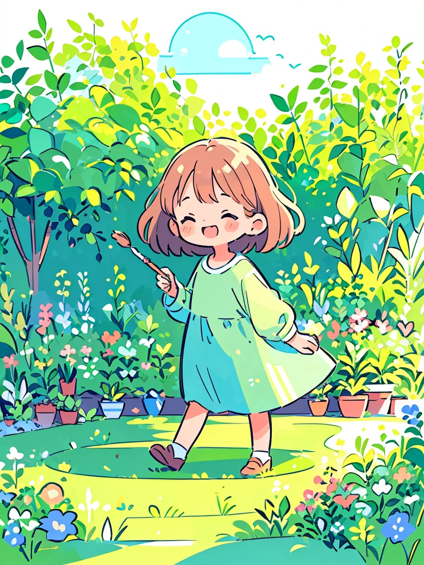 (Flattening，UI vector style), (1 girl，Green garden sketch:1.5)，rosy cheeks，bright smile，wearing casual，cozy clothings，garden，On the grass，blue sky，dense with greenery，flowers bloom, Bright colors，Cheerful atmosphere，(Simple illustration)，(smooth line art:1.2), (minimalism), White background，(graphic design aesthetics)，(flat illustratiotomically correct)