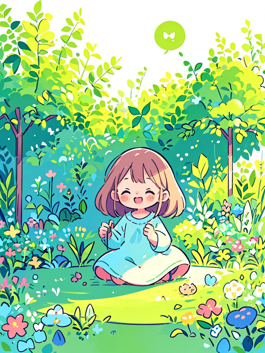 (Flattening，UI vector style), (1 girl，Green garden sketch:1.5)，rosy cheeks，bright smile，wearing casual，cozy clothings，garden，On the grass，blue sky，dense with greenery，flowers bloom, Bright colors，Cheerful atmosphere，(Simple illustration)，(smooth line art:1.2), (minimalism), White background，(graphic design aesthetics)，(flat illustratiotomically correct)