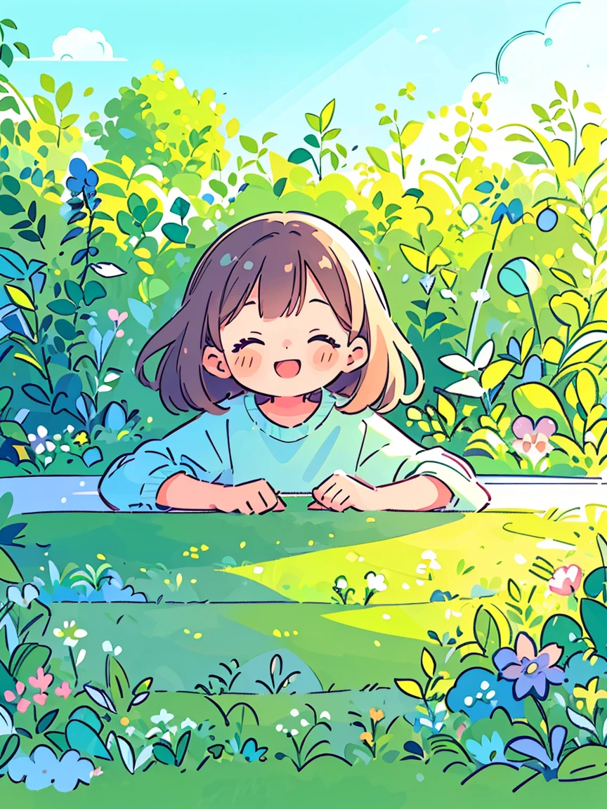 (Flattening，UI vector style), (1 girl，Green garden sketch:1.5)，rosy cheeks，bright smile，wearing casual，cozy clothings，garden，On the grass，blue sky，dense with greenery，flowers bloom, Bright colors，Cheerful atmosphere，(Simple illustration)，(smooth line art:1.2), (minimalism), White background，(graphic design aesthetics)，(flat illustratiotomically correct)