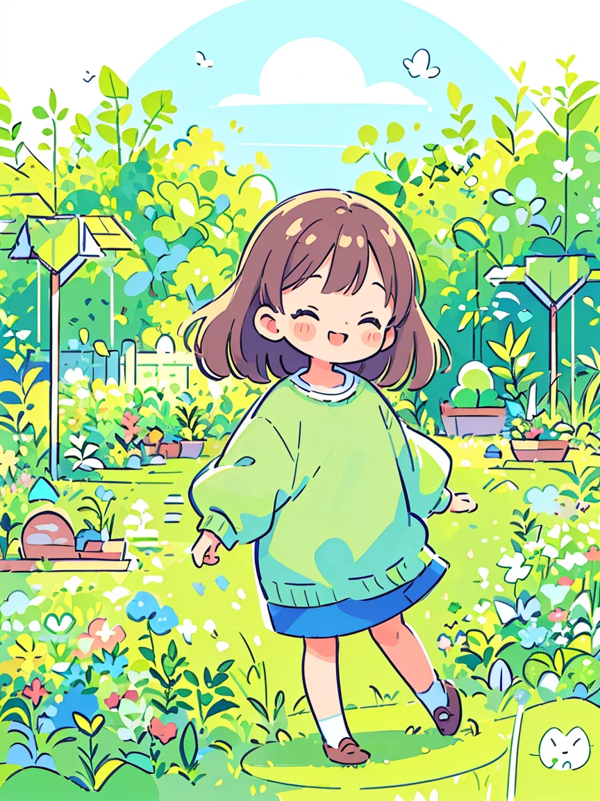 (Flattening，UI vector style), (1 girl，Green garden sketch:1.5)，rosy cheeks，bright smile，wearing casual，cozy clothings，garden，On the grass，blue sky，dense with greenery，flowers bloom, Bright colors，Cheerful atmosphere，(Simple illustration)，(smooth line art:1.2), (minimalism), White background，(graphic design aesthetics)，(flat illustratiotomically correct)