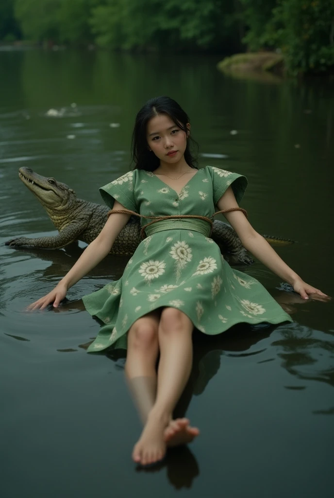  full body view photography ,  A beautiful -yeld gi,  has a beautiful body ,wearing a green ancient kebaya , lying on his back with his body tied to a rope ,  there is no way an estuarine crocodile is crawling on his body,
 Background on a wet riverbank  