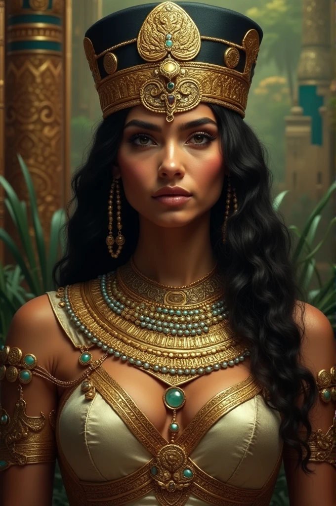 Female Egyptian goddess (ethnicity:0.9, age:0.9), (detailed clothing:1.3), (detailed accessories:1.3), (facial features:1.3), (expression:1.1), (body type:1.2), (pose:1.2), wearing a beaded, gold dress (detailed patterns:1.2), with a ceremonial headdress (detailed jewels:1.2), (shine:1.2), surrounded by hieroglyphs (detailed inscriptions:1.2) and ancient symbols, (lighting:1.1), warm, golden light, (atmosphere:1.3), with a sense of divine power, (composition:1.2), portrait style, (perspective:1.1), front-facing, looking directly at the viewer, (hair style:1.2), styled wig, with ceremonial adornments, full-view, ancient elements are detailed and meticulously crafted, (skin texture:1.3), photorealistic style, (detailed lighting effects:1.3), golden, saturated hues, temple setting, ancient background, (inscription detail:1.3).