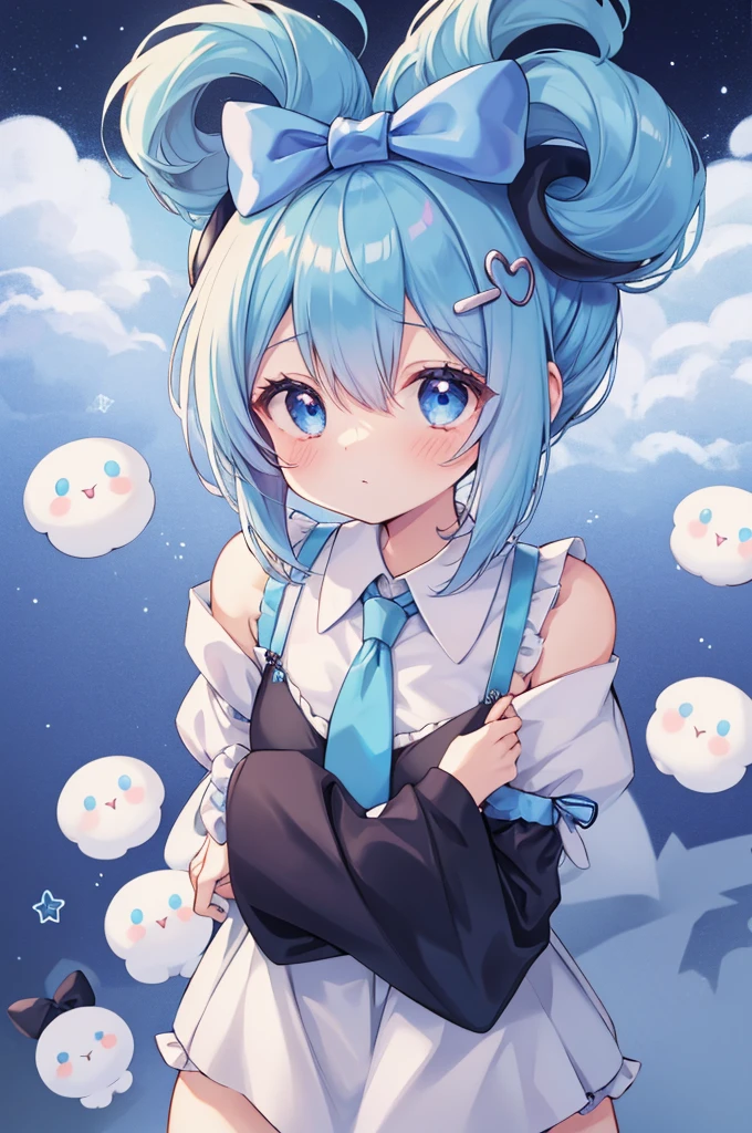 1girl, solo, Cinnamiku, blue hair, blue eyes, hair rings, hair bow, blue bow, (cinnamoroll, tied ears), black sleeves, bare shoulders, blue necktie, wide sleeves, collared shirt, detached sleeves, necktie, blue necktie, frilled collar, cute, hair_behind_ear, (chibi_style:1.2),