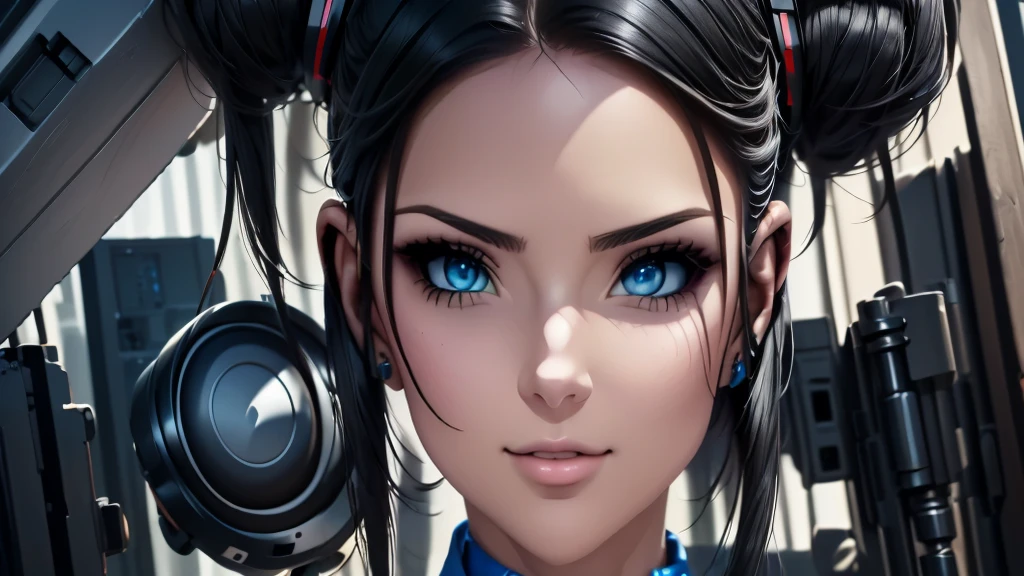 She's a beautiful DJ,  industrial machinery in the background ,  computer boards and buttons on the back , daylight, circuits  ,  tall details 8k , ultra realista, DJ very pretty , happy face,  enjoying the music, Bring headphones 