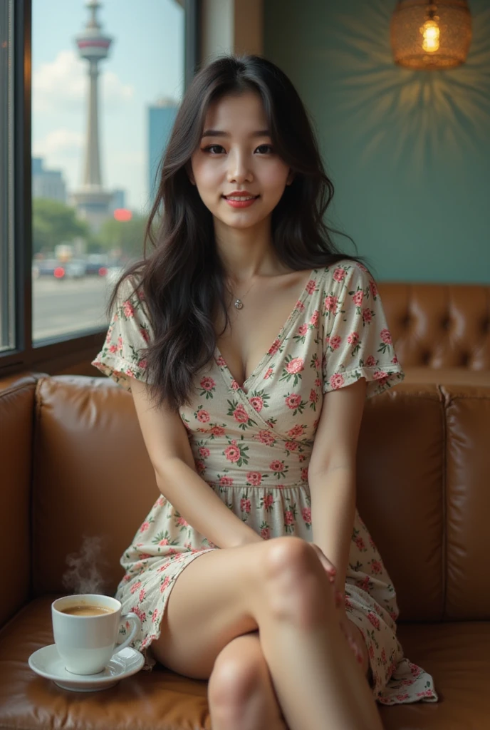 A lady,,, a 22-year-old Asian woman with smooth, radiant skin, long silky black hair, and sparkling brown eyes. She is wearing a Korean-style European art girl print dress, a loose casual long T-skirt, a short-sleeved dress, and black jeans. She is sitting in a cozy coffee shop with a cup of coffee in front of her. Her smile is warm and charming, exuding the vitality and charm of youth. Through the window behind her, the Guangzhou TV Tower in China. The cafe is warm and comfortable, with wooden furniture and a relaxing atmosphere. , (Body-emphasis clothing: 1.1),