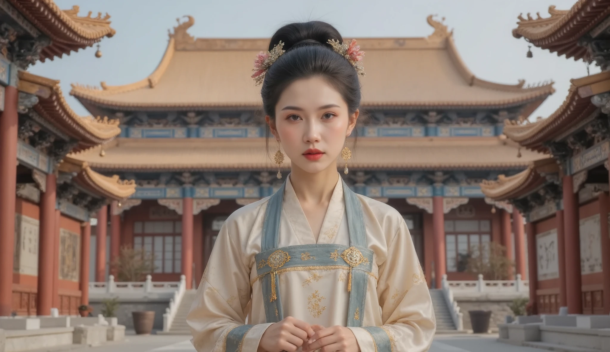 GGGJAAA ,Fabrication ,Hanfu, Magnificent architecture ,palace, girl facing the camera,Standing in front of an ancient building