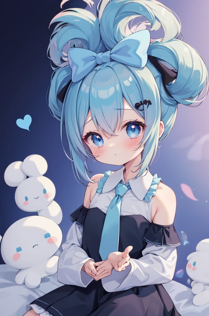 1girl, solo, Cinnamiku, blue hair, blue eyes, hair rings, hair bow, blue bow, (cinnamoroll, tied ears), black sleeves, bare shoulders, blue necktie, wide sleeves, collared shirt, detached sleeves, necktie, blue necktie, frilled collar, cute, hair_behind_ear, (chibi_style:1.2),