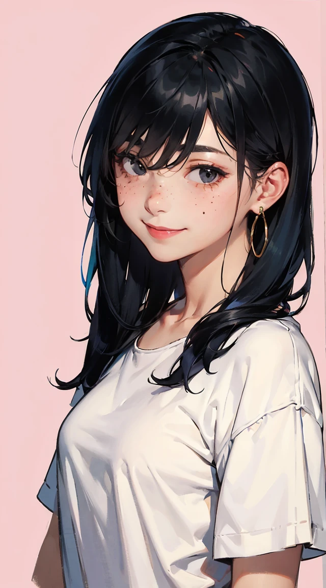 Amazing portrait of a sexy woman wearing her long straight luscious black hair, seductively gazing and smiling, soft lips, parted, blushing intensely, smiling, white t shirt, grey cardigan, baggy jeans, medium chest, perfect body